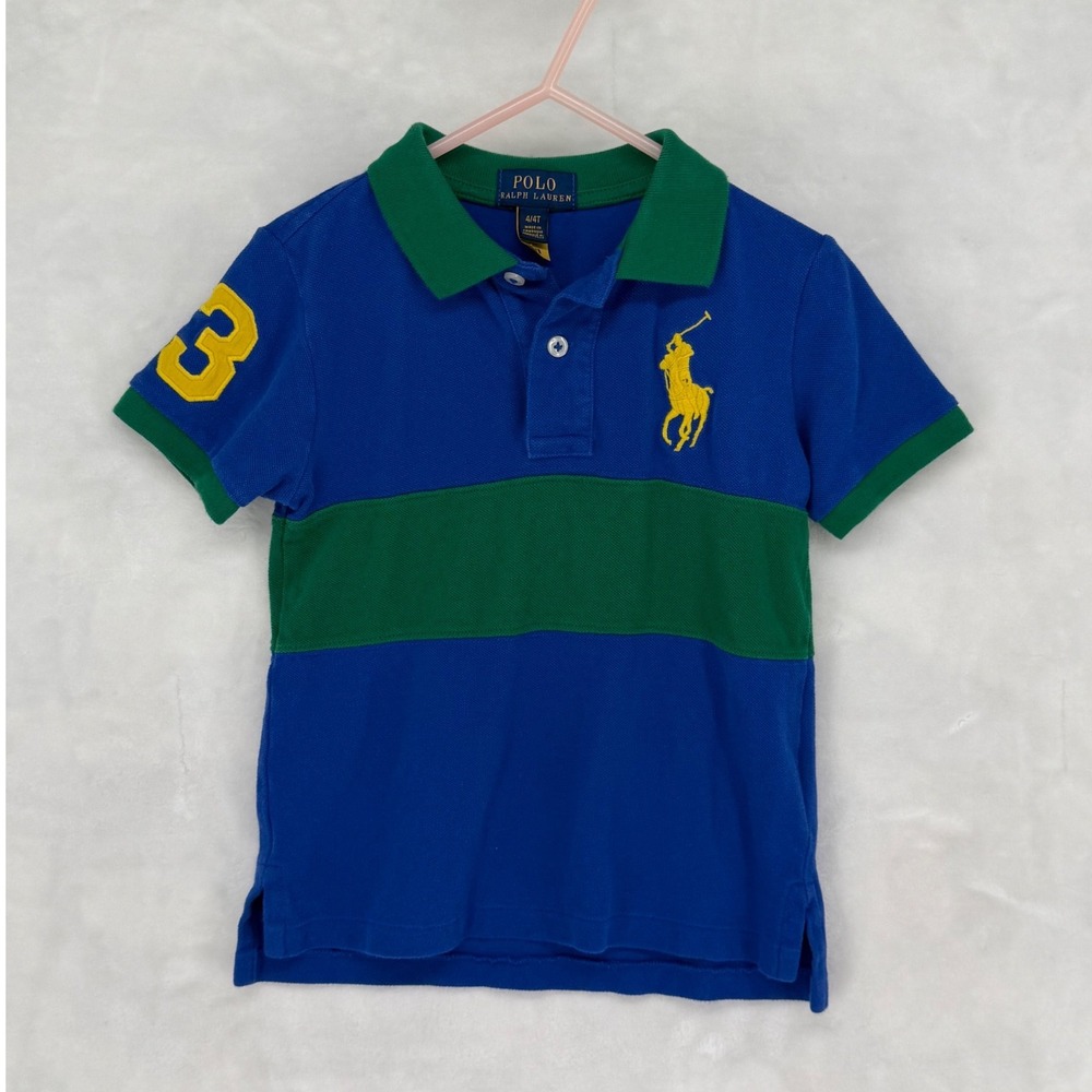Polo Ralph Lauren Kids Blue Green Colorblock Big Pony Polo Shirt 4/4T